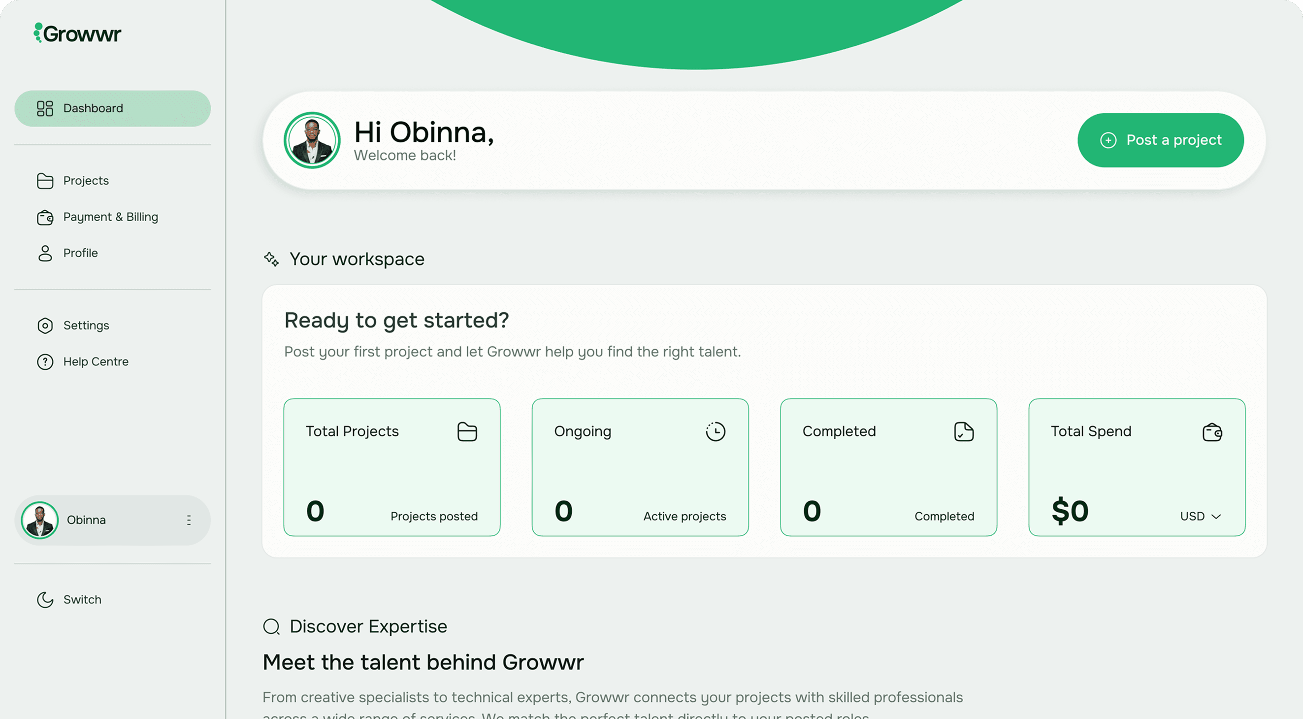 Growwr Workspace dashboard preview